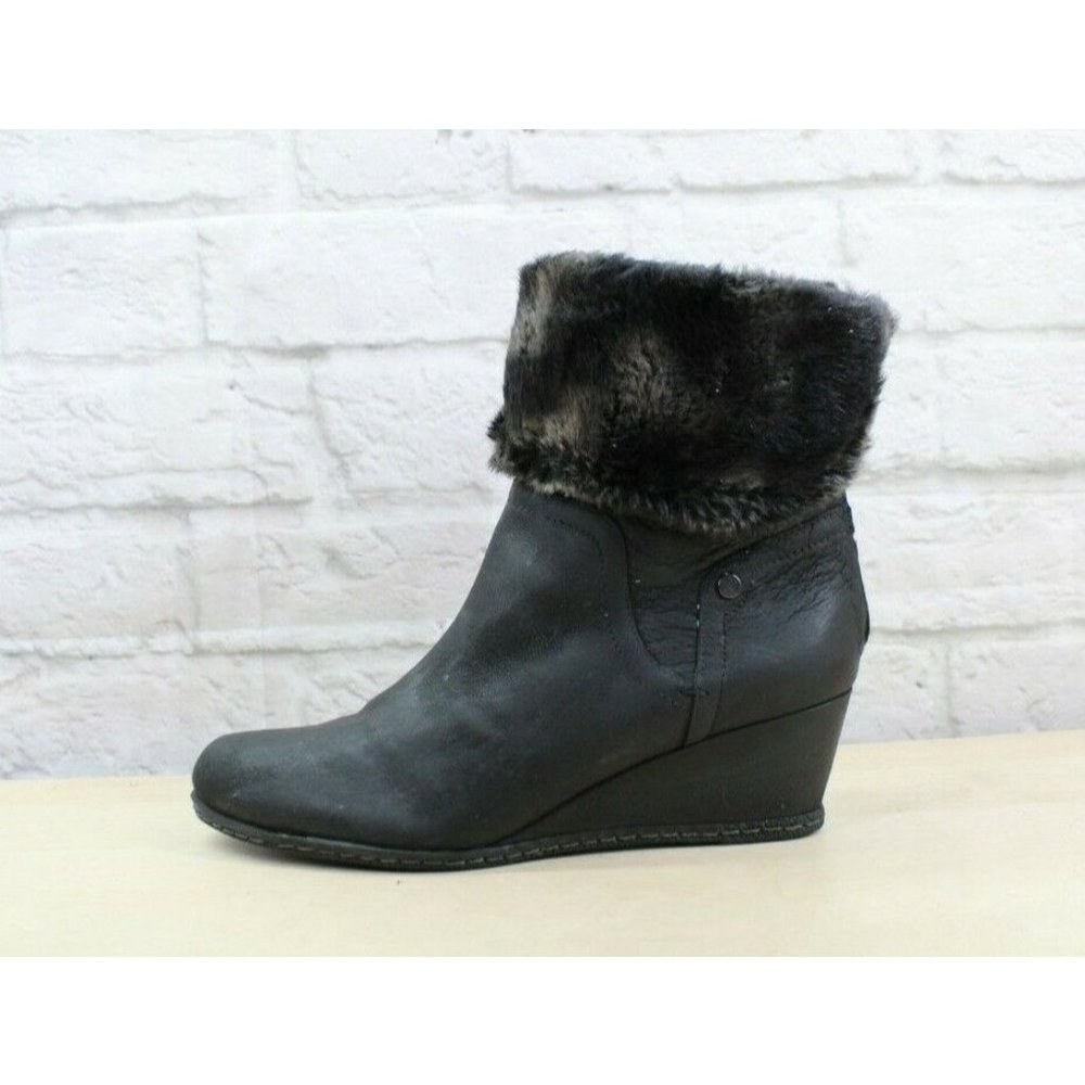 Franco Sarto Anorak Black Leather Faux Fur Back Zip Winter Wedge Boots Size 9 M - Picture 1 of 9